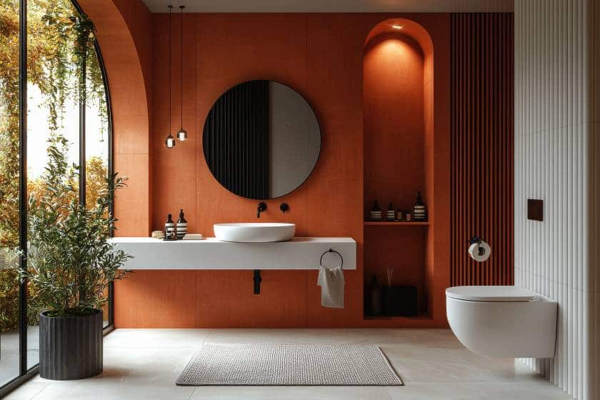 Photo de l'intérieur d'une salle de bain dans un style terracotta, avec mur de fond couleur terracotta, un grand miroir rond, un meuble vasque suspendu et un WC suspendu. Le sol est en carrelage blanc effet marbre