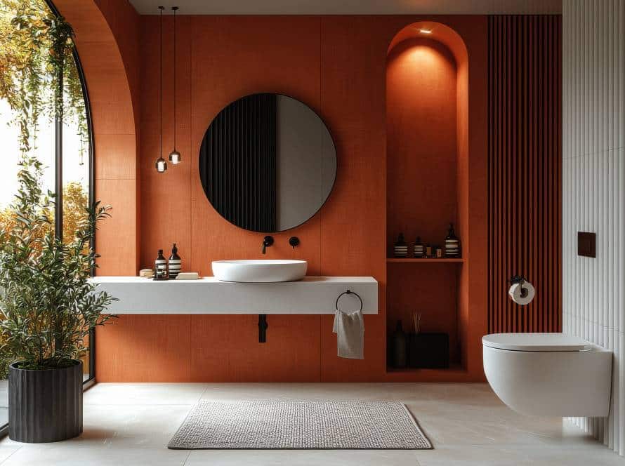 Photo de l'intérieur d'une salle de bain dans un style terracotta, avec mur de fond couleur terracotta, un grand miroir rond, un meuble vasque suspendu et un WC suspendu. Le sol est en carrelage blanc effet marbre