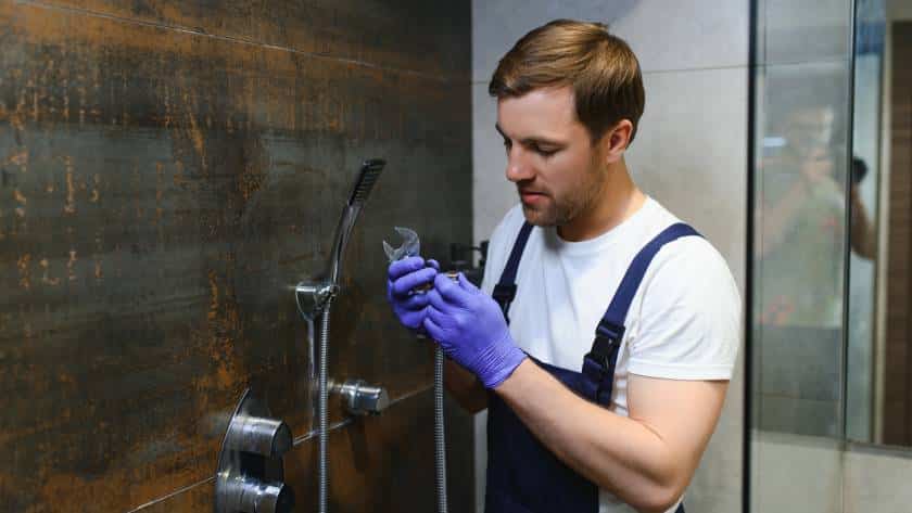 Photo d'un plombier à Rouen en train de faire une intervention dans une douche à l'italienne